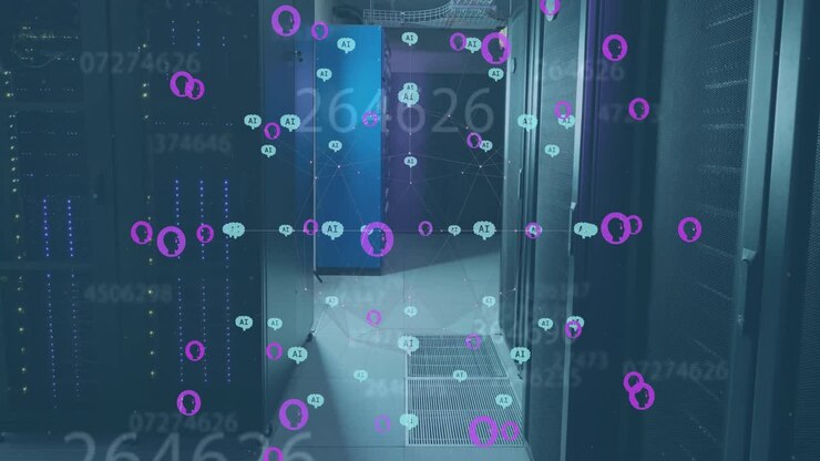 Animation of ai data processing and icons over computer servers