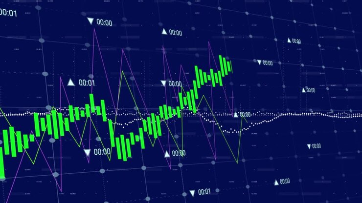 Animation of financial data processing over blue background