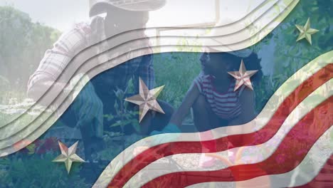 Animation-of-flag-of-usa-waving-over-african-american-father-and-daughter-gardening-plants