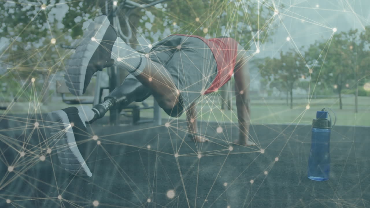 야외에서 운동하는 의족을 가진 남성 운동선수에 대한 커뮤니케이션 네트워크의 애니메이션