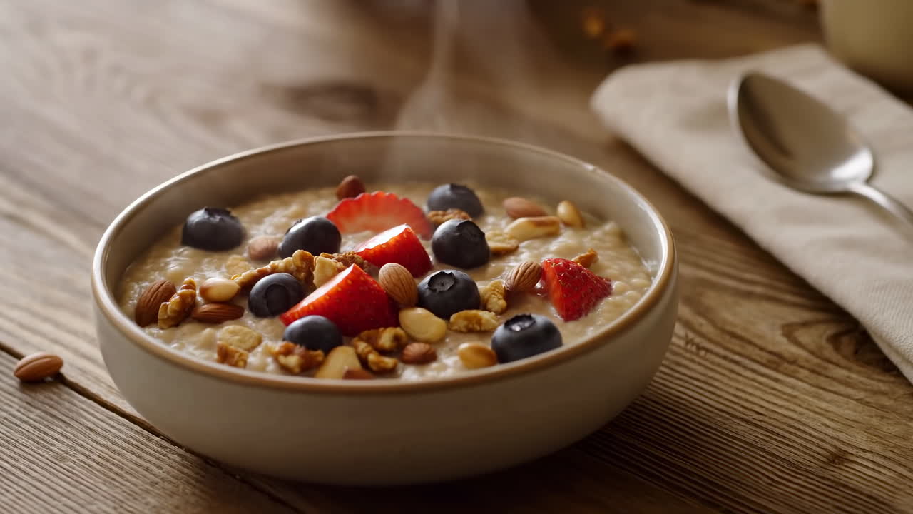 Avena fumante con frutti di bosco e frutta secca su un tavolo di legno