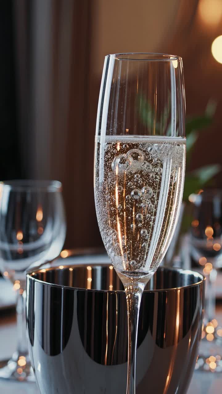 Elegante primo piano di un flûte di champagne con bollicine, illuminato delicatamente in un’atmosfera calda
