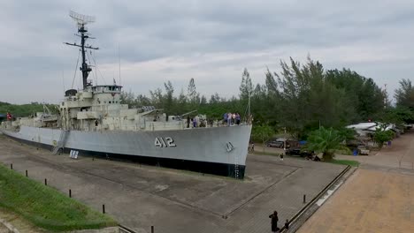 Aerial-Shot-of-Remembrance-Lhuangprasae-Battleship-Rayong-District,-Thailand