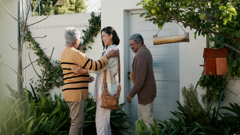 Happy-family,-welcome-and-flowers-with-hug-outdoor