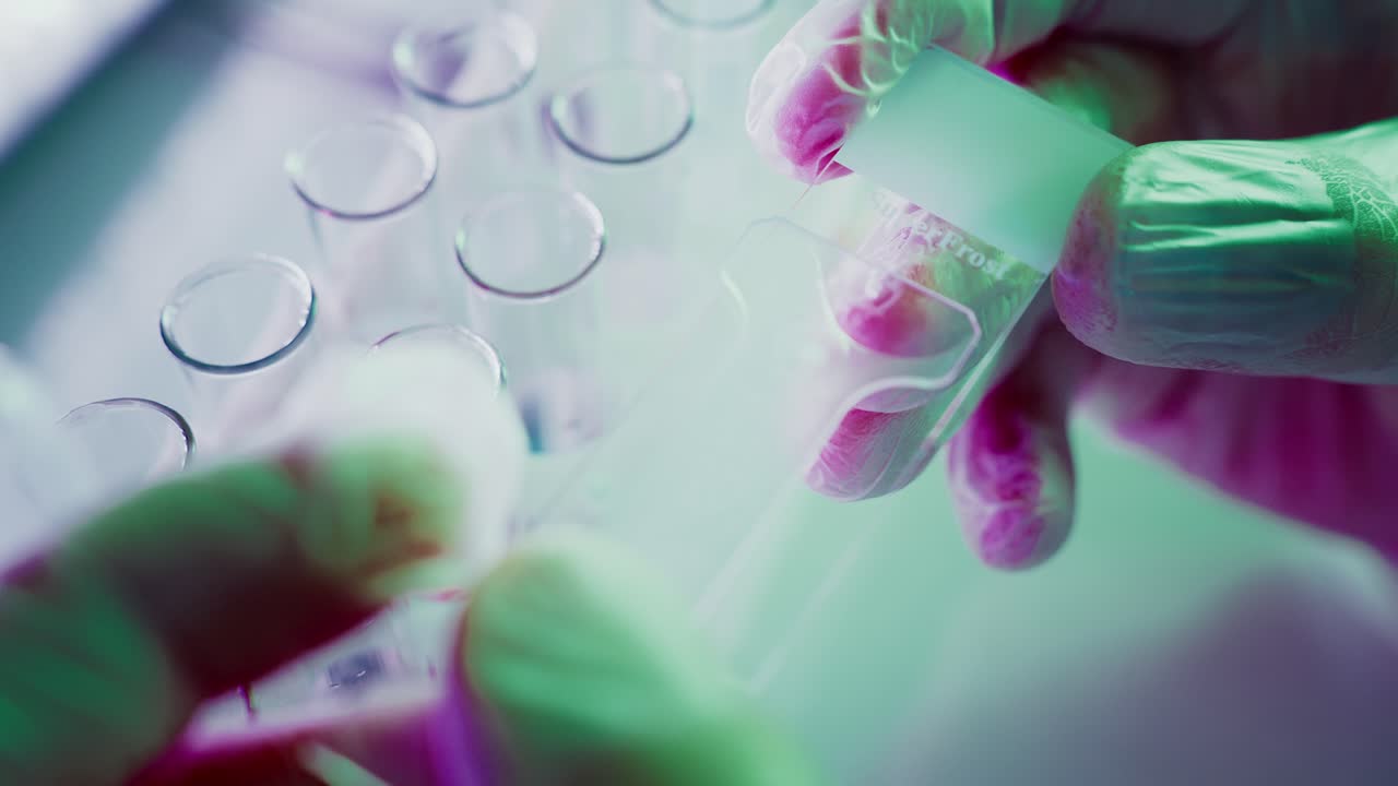 Gloved Hand Pipetting Liquid onto Microscope Slide in Laboratory