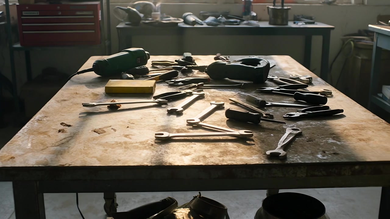 Pulling back camera revealing metal workbench top in garage workshop, showing wrenches drill chest