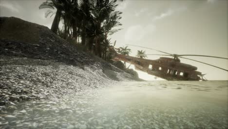 old rusted military helicopter near the island
