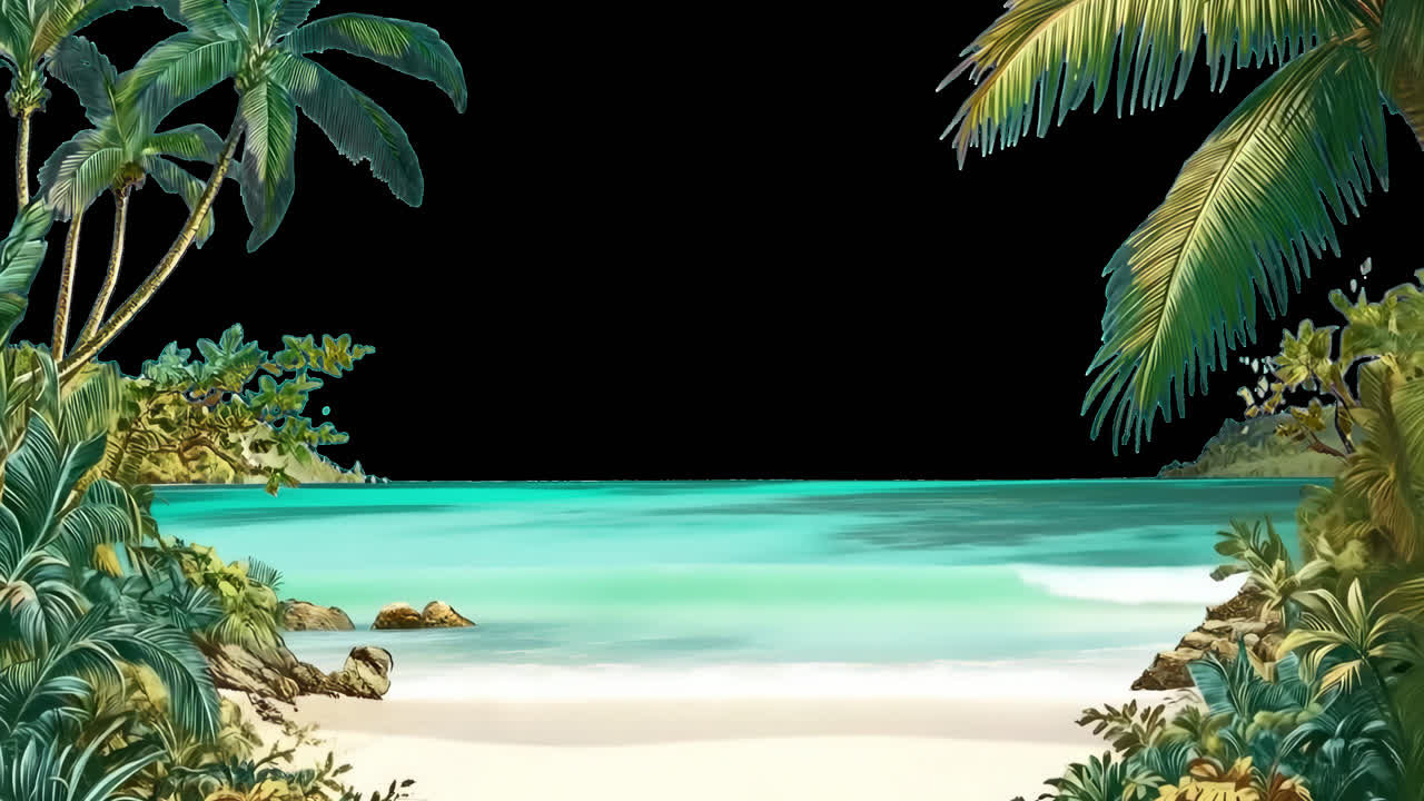 Tropical paradise beach scene animated overlay, transparent 4K video, alpha channel, ProRes 4444