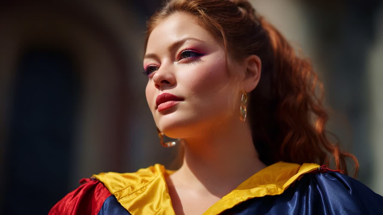 Una giovane donna sicura di sé con colori vivaci posa elegantemente, mettendo in mostra trucco e abbigliamento audaci ed emanando fascino e individualità in un ambiente accattivante