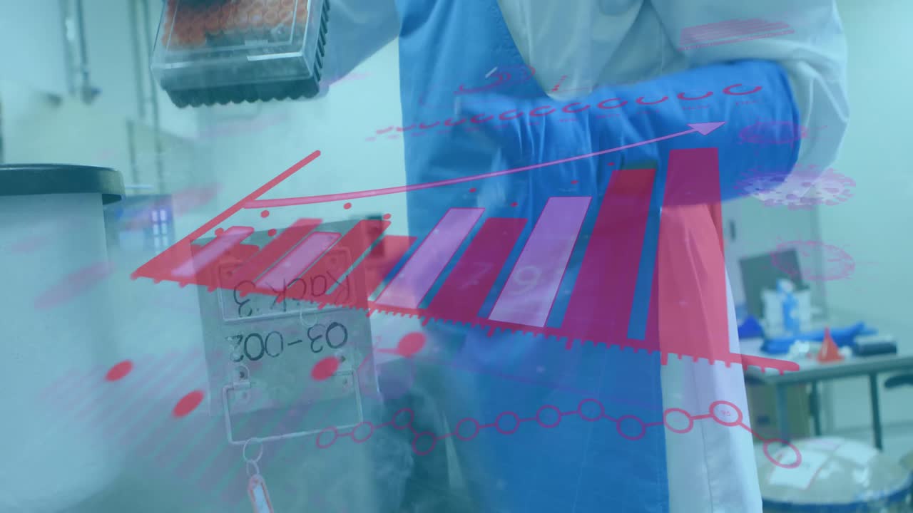 디지털 인터페이스 통계의 애니메이션과 실험실에서 장비를 사용하는 과학자의 손
