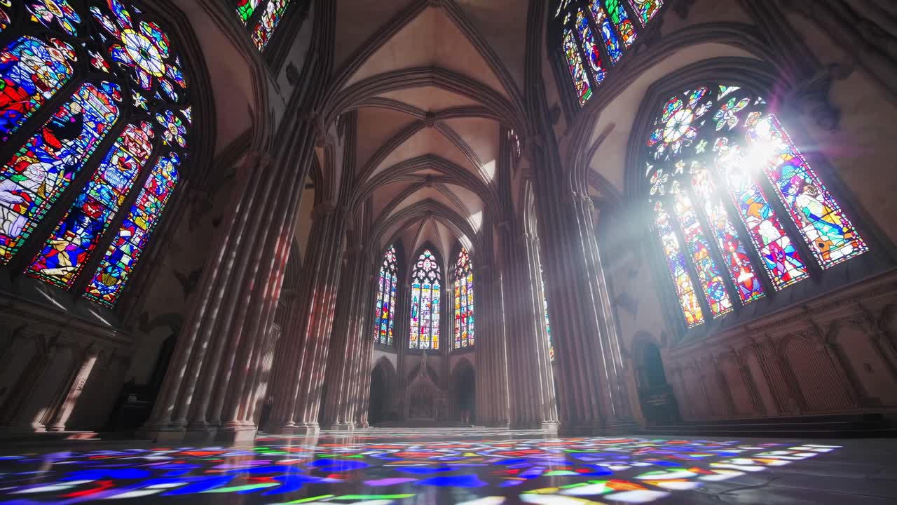 Low-angle video shot of a cathedral interior, showcasing Gothic architecture with vibrant stained