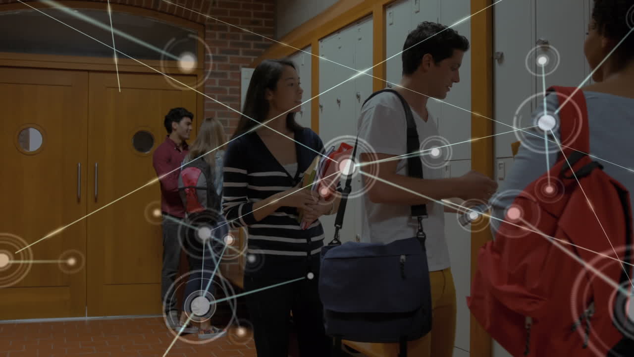 복도에서 학생들의 그룹을 통해 연결 네트워크의 애니메이션