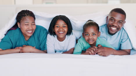 dad, mother or portrait of happy kids in bedroom