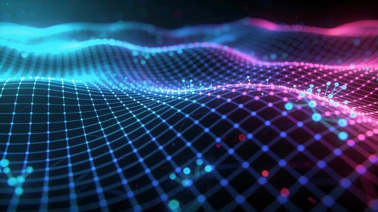 Animating neon wire mesh rippling in dark void, shifting crests, rising glowing nodes for visuals
