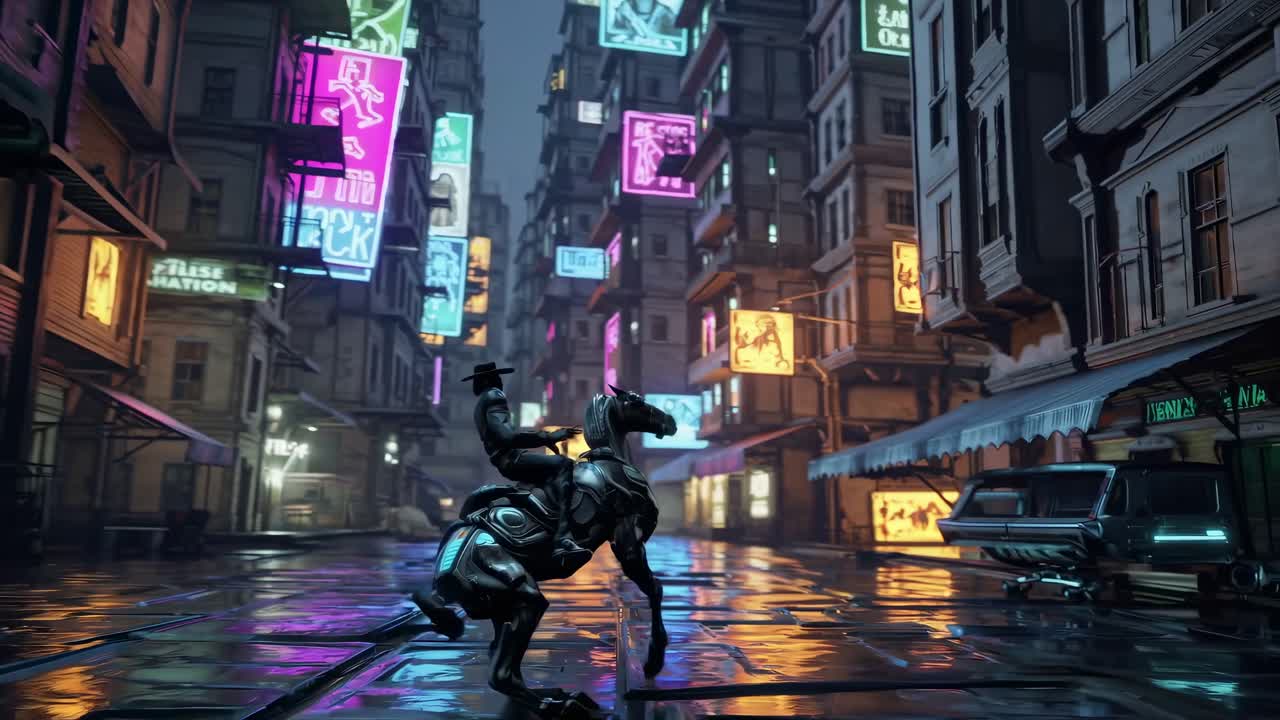 Vaquero ciberpunk montando a caballo en una ciudad nocturna