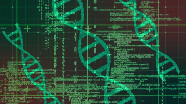 Animation of data processing over dna strands spinning