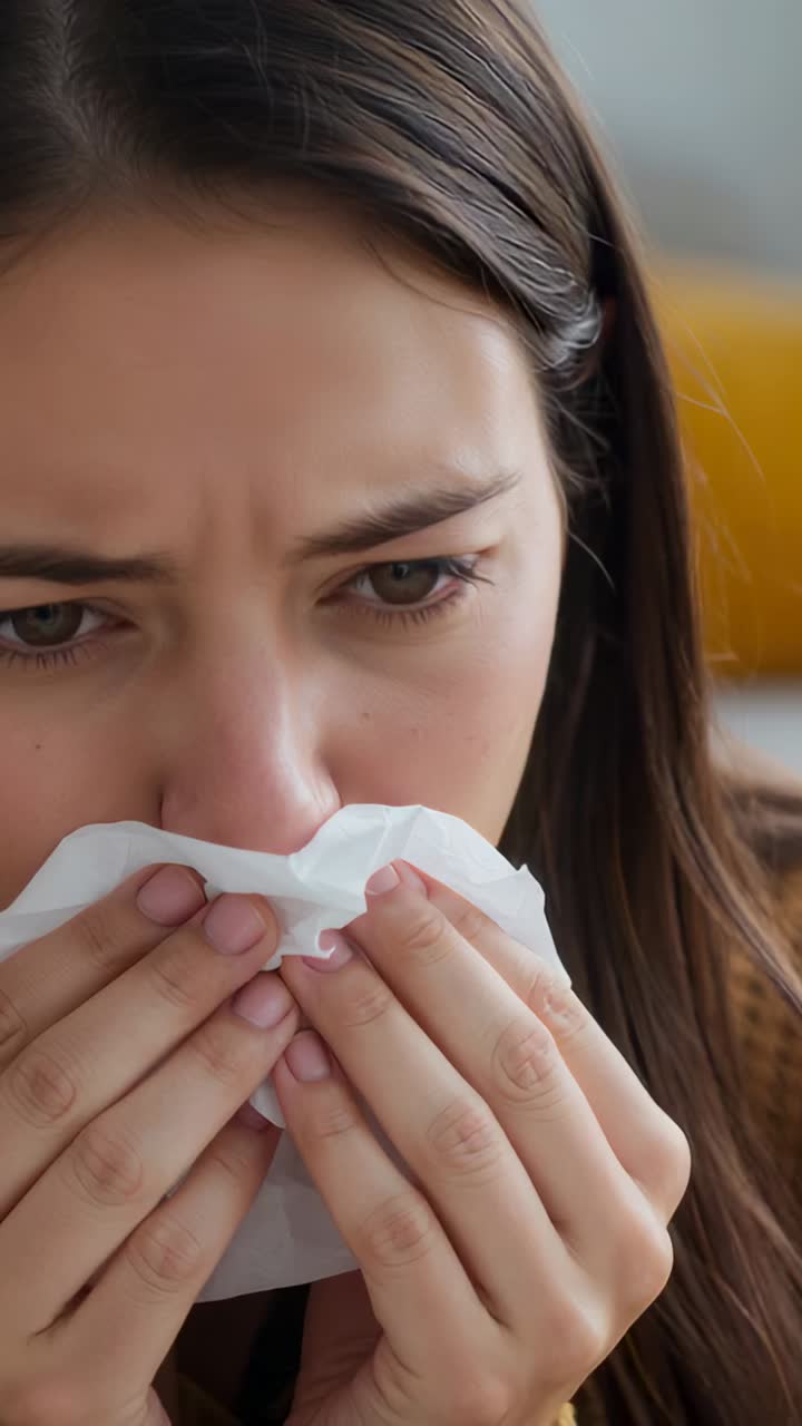 Video verticale: da donna che starnutisce con top color senape che preme un fazzoletto sul naso a divano con cuscino giallo