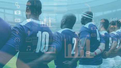 animation of statistics and icons over rugby players
