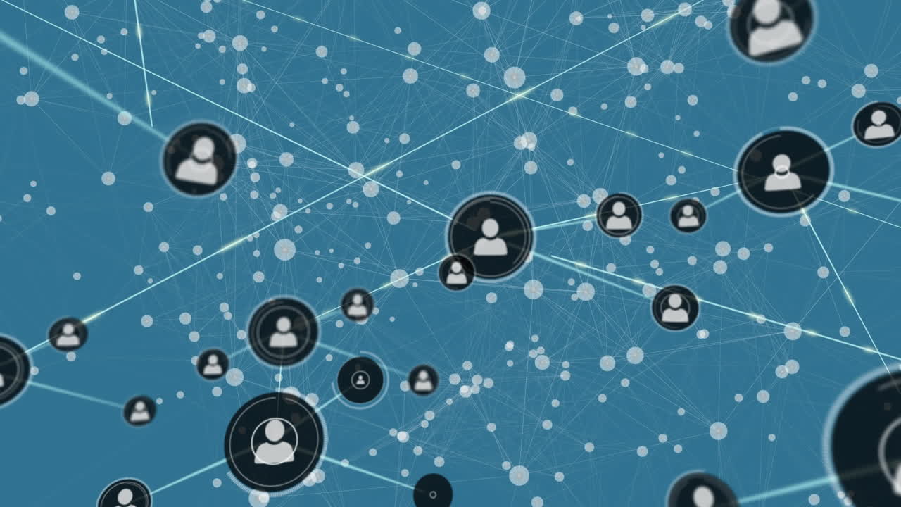 파란색 배경 위에 아이콘으로 연결 네트워크의 애니메이션