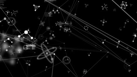 animation of molecules over network of connections with data processing on black background