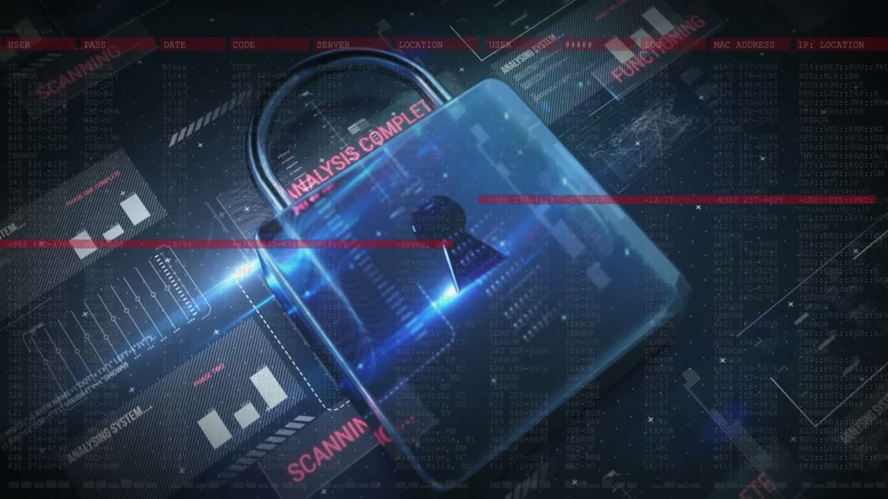 animación del candado de seguridad sobre el procesamiento de datos en fondo oscuro
