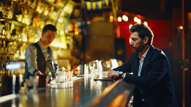 Un uomo solo beve alcolici seduto al bar, pensando in silenzio, primo piano. Ospite che paga
