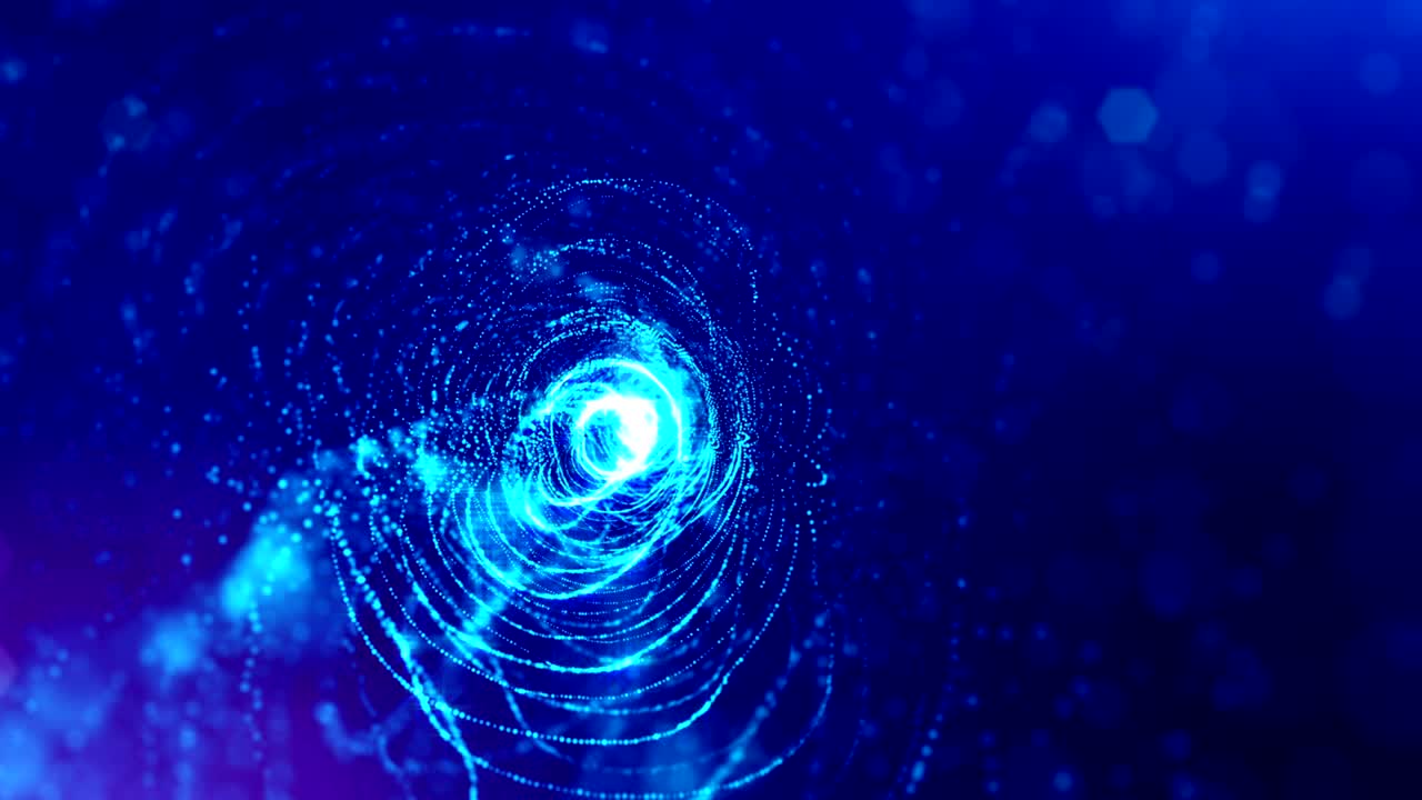 Particles form line, surface grid or mysterious virtual space. 3d seamless animation as digital science fiction background of glowing particles with depth of field, bokeh. Blue circular structure 3
