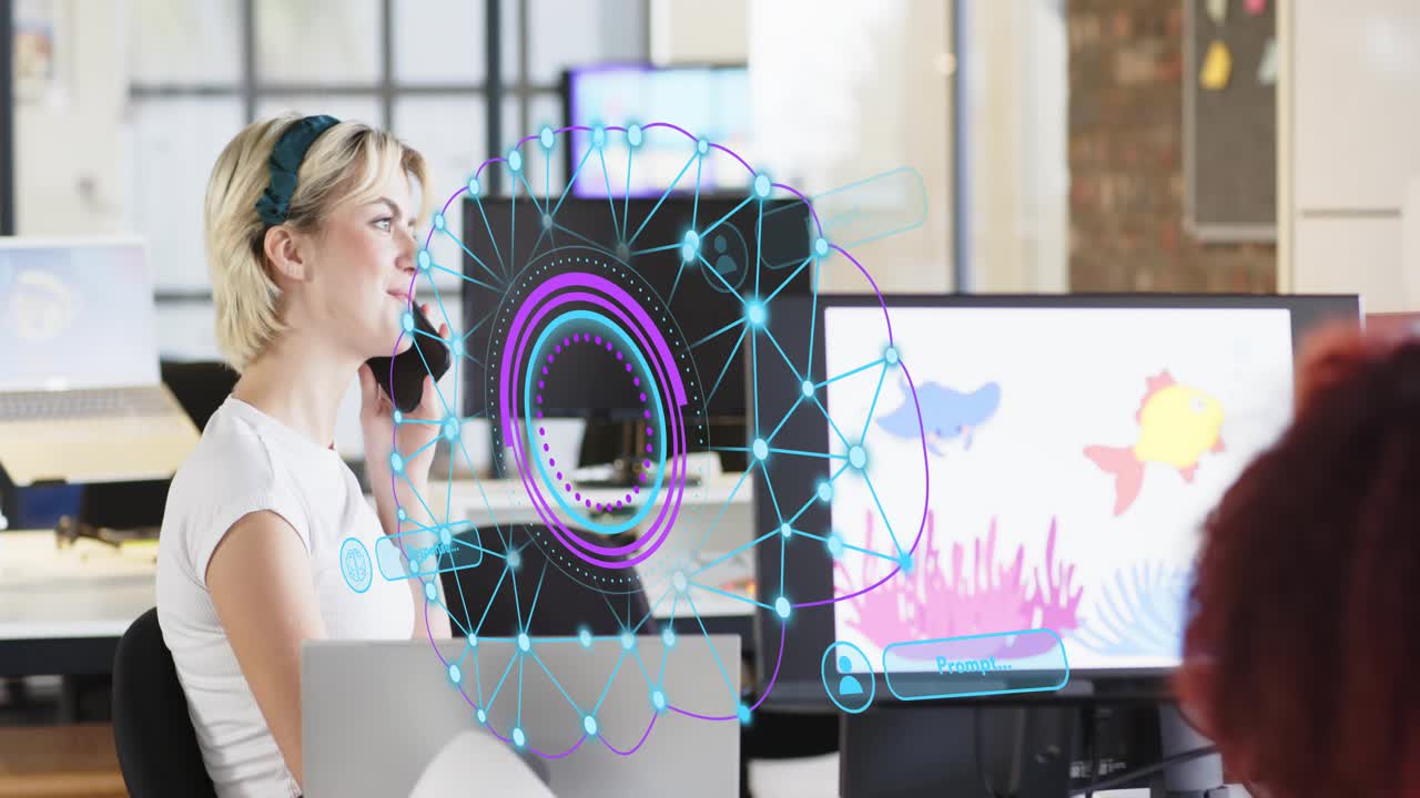 Office worker using laptop, AI bubble appearing and guiding phone lift and speaking for tech call