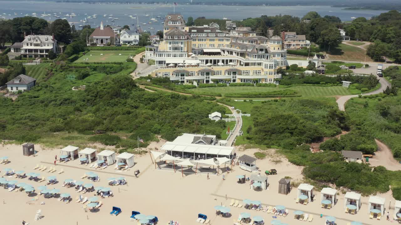 An aerial parallax and tilting shot of the Ocean House in Watch Hill, Rhode Island