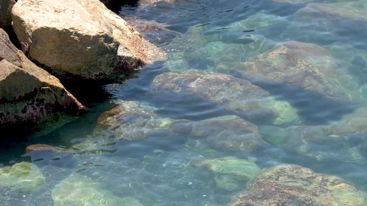 Inquadratura statica dall'alto di acqua mediterranea trasparente che increspa dolcemente su rocce costiere sommerse