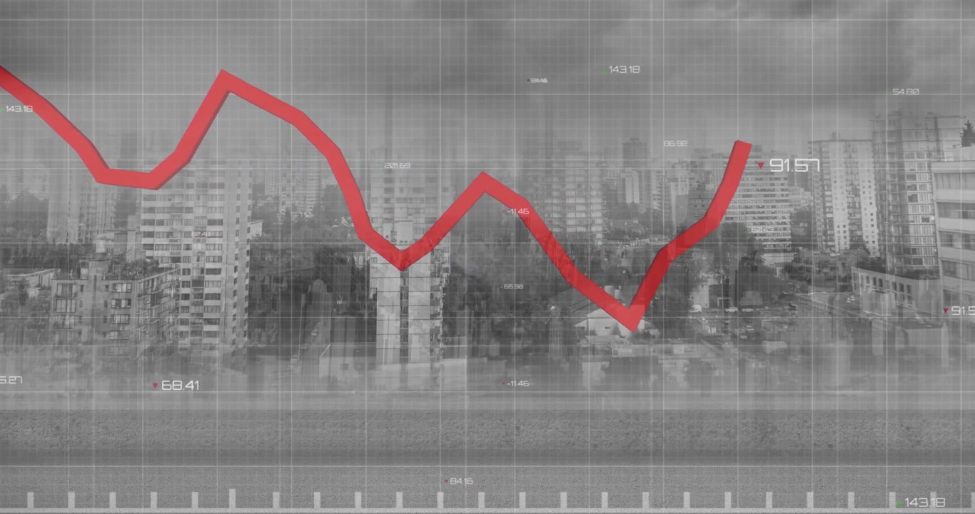 Animazione di elaborazione dati e diagrammi su paesaggio urbano