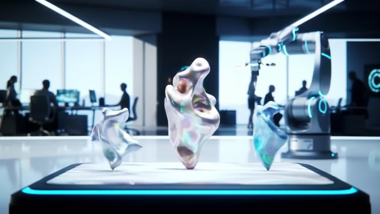 A Futuristic Workspace Featuring an Abstract Floating Sculpture Capturing Dynamic Colors and Shapes in a High-Tech Environment with Robotic Arm Technology