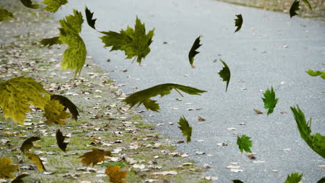 hojas de otoño cayendo y esparcidas por el camino con follaje colorido