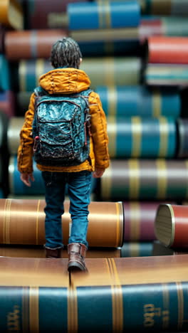 child figure exploring a vast library of colorful books