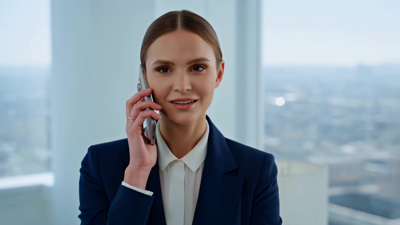 Caucasian Businesswoman On Phone In Modern Office With City View, Smiling During Client Call Wearing Navy