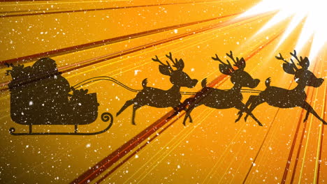 animation of snow falling over santa claus in sleigh with reindeer moving on yellow background