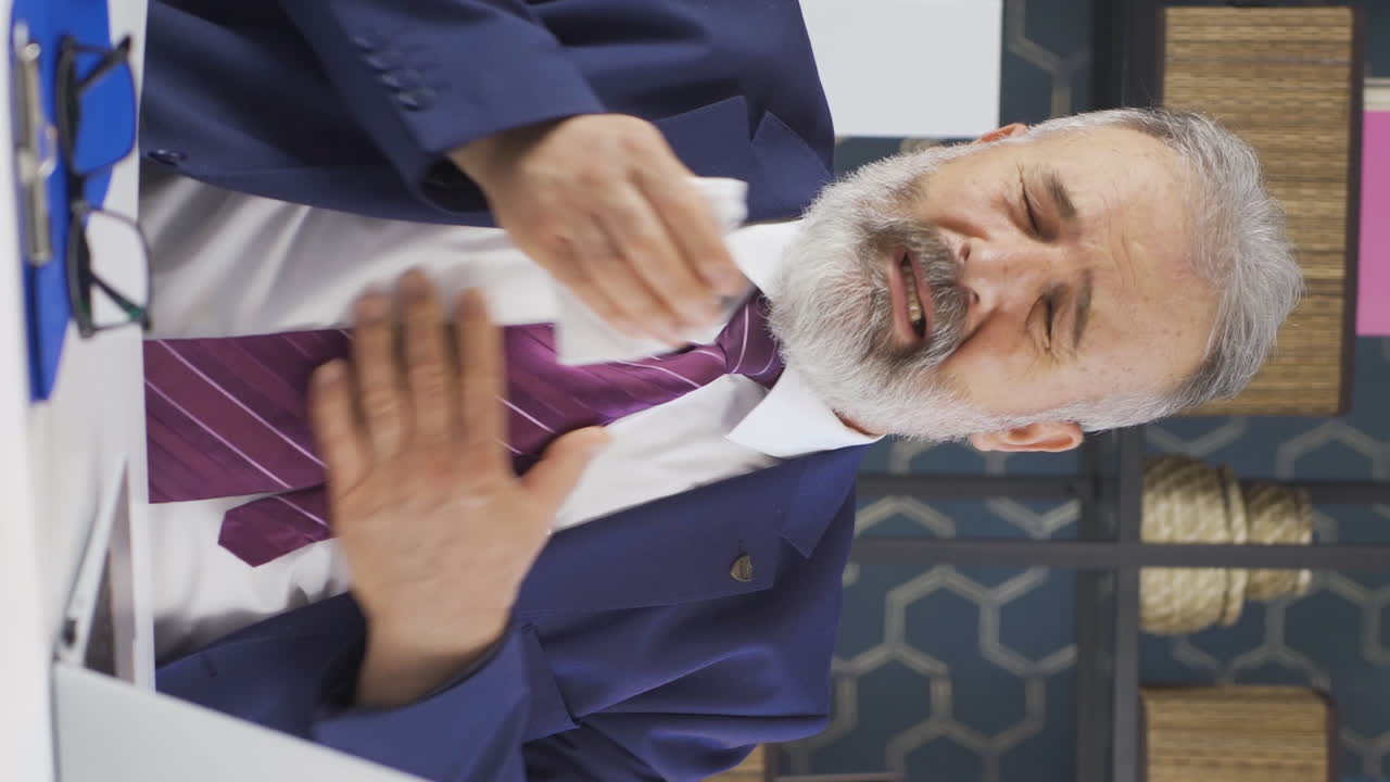 병든  ⁇ 은 사업가의 수직 비디오가 기침하고 기분이 좋지 않습니다.