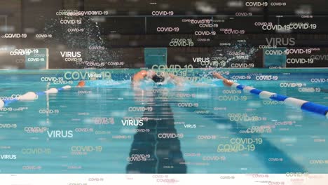 video compuesto digital del virus covid-19 texto contra el hombre nadando en la piscina en el fondo