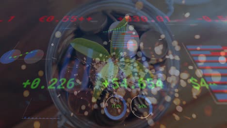 animación del procesamiento de datos financieros sobre una planta con chispas