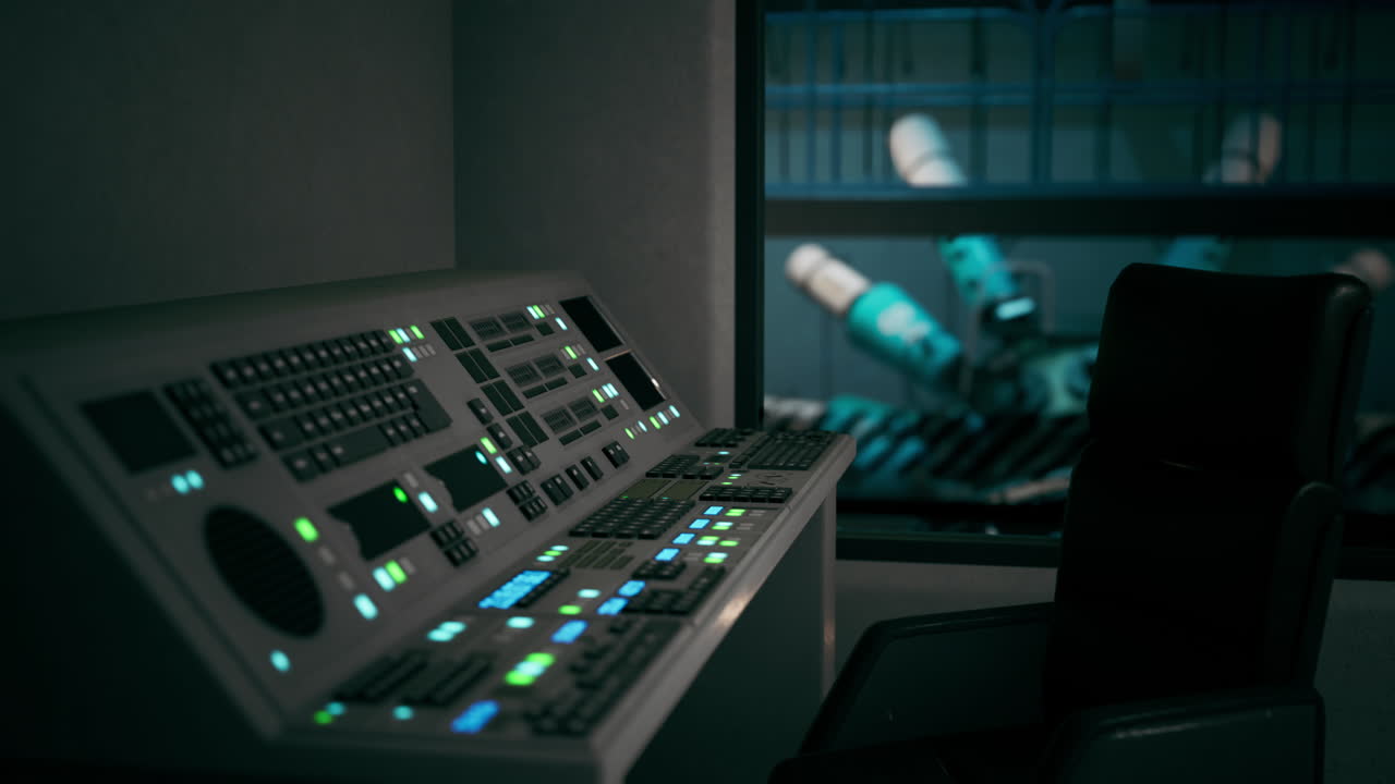 sala de control de fábrica futurista con robots industriales