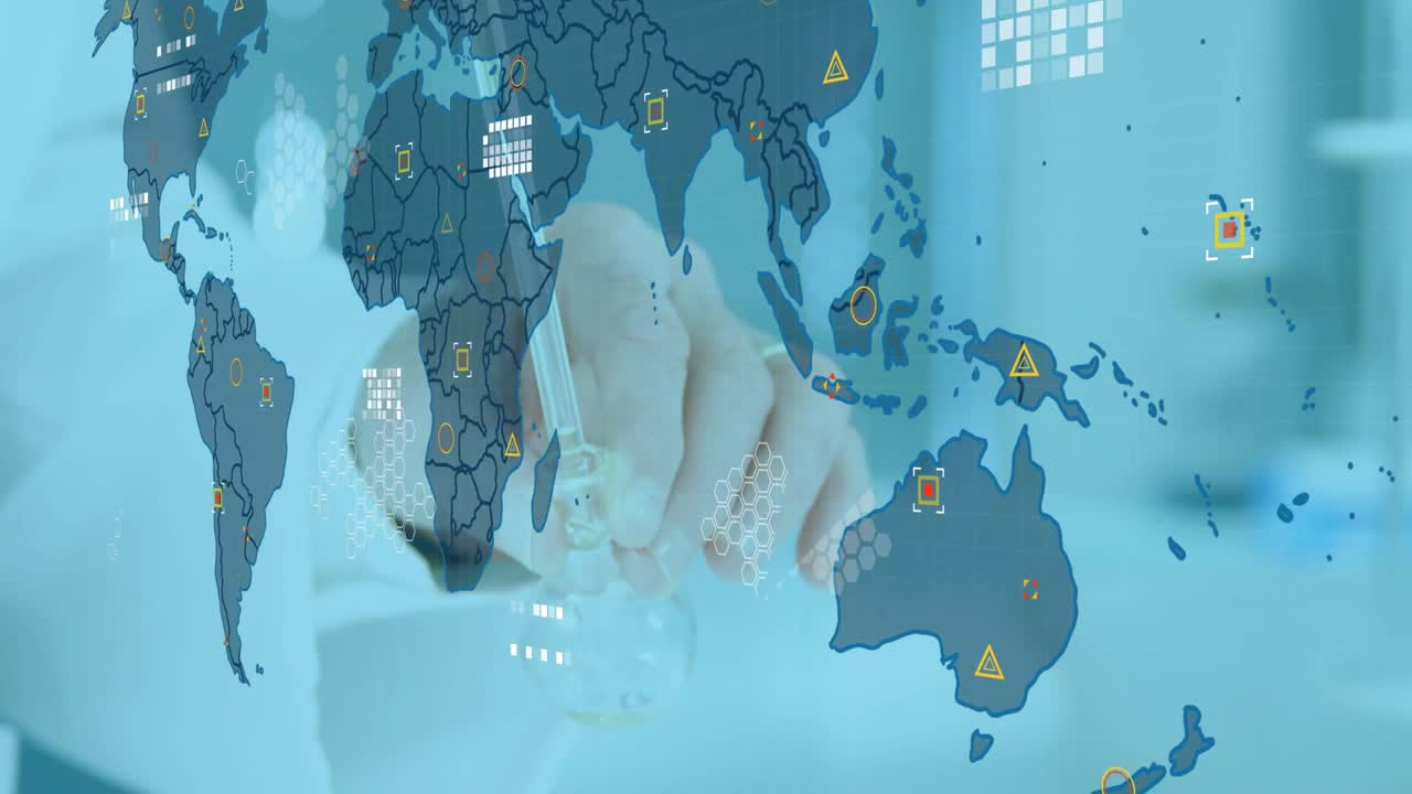 Senior scientist using pipette, dispensing droplet and initiating world data overlay for health