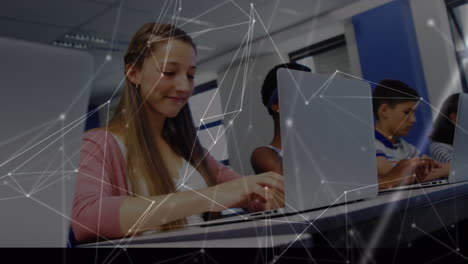 animation of network of connections over female student using laptop