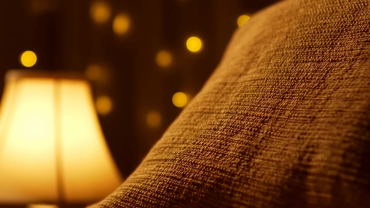 A lamp softly illuminates a textured fabric surface, creating a warm and inviting ambiance in an indoor setting. The slightly angled close-up view highlights the cozy and detailed lighting.