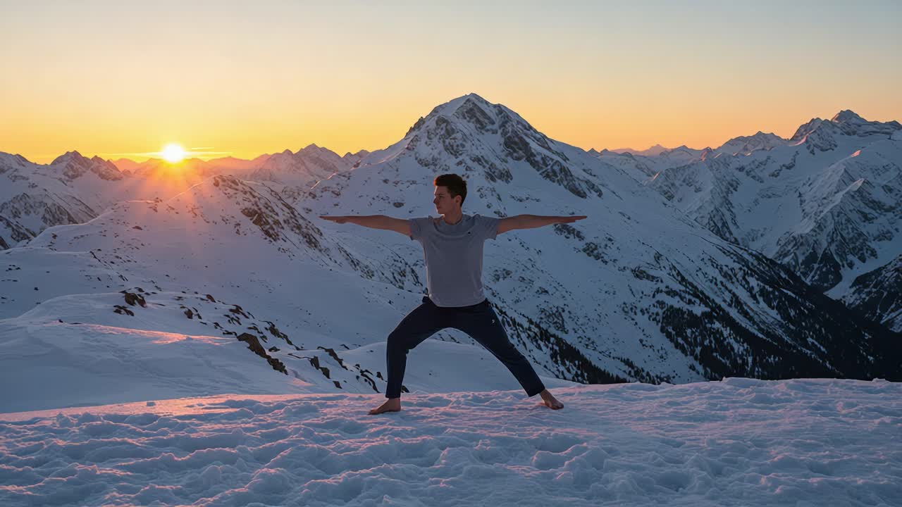 A Serene Evening Yoga Session Amidst Majestic Snow-Capped Peaks: Embracing Nature's Tranquility and Inner Peace at Sunset