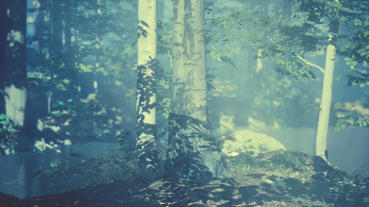 안개가 많은 아침에 숲 속의  ⁇ 빛