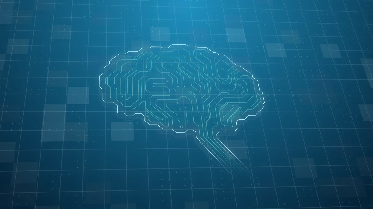 Technology looped background, digital brain with circuit board. Artificial intelligence AI, machine learning and modern computer technologies concept. electronic processor, cyber space 3d animation
