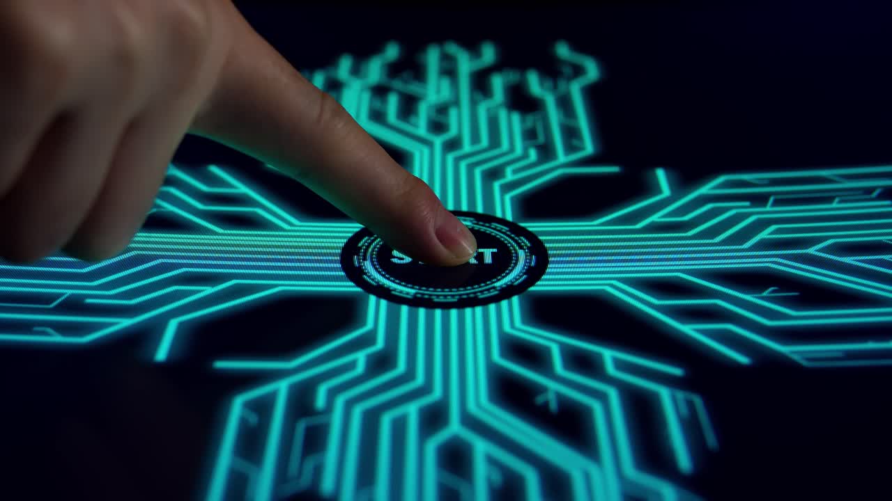 Side View, Human Finger Pushes Touch Digital Start Button With Futuristic Artificial Intelligence Spreading Through Internet. Visualization Of Machine Learning, Computer Technology, Neural Network