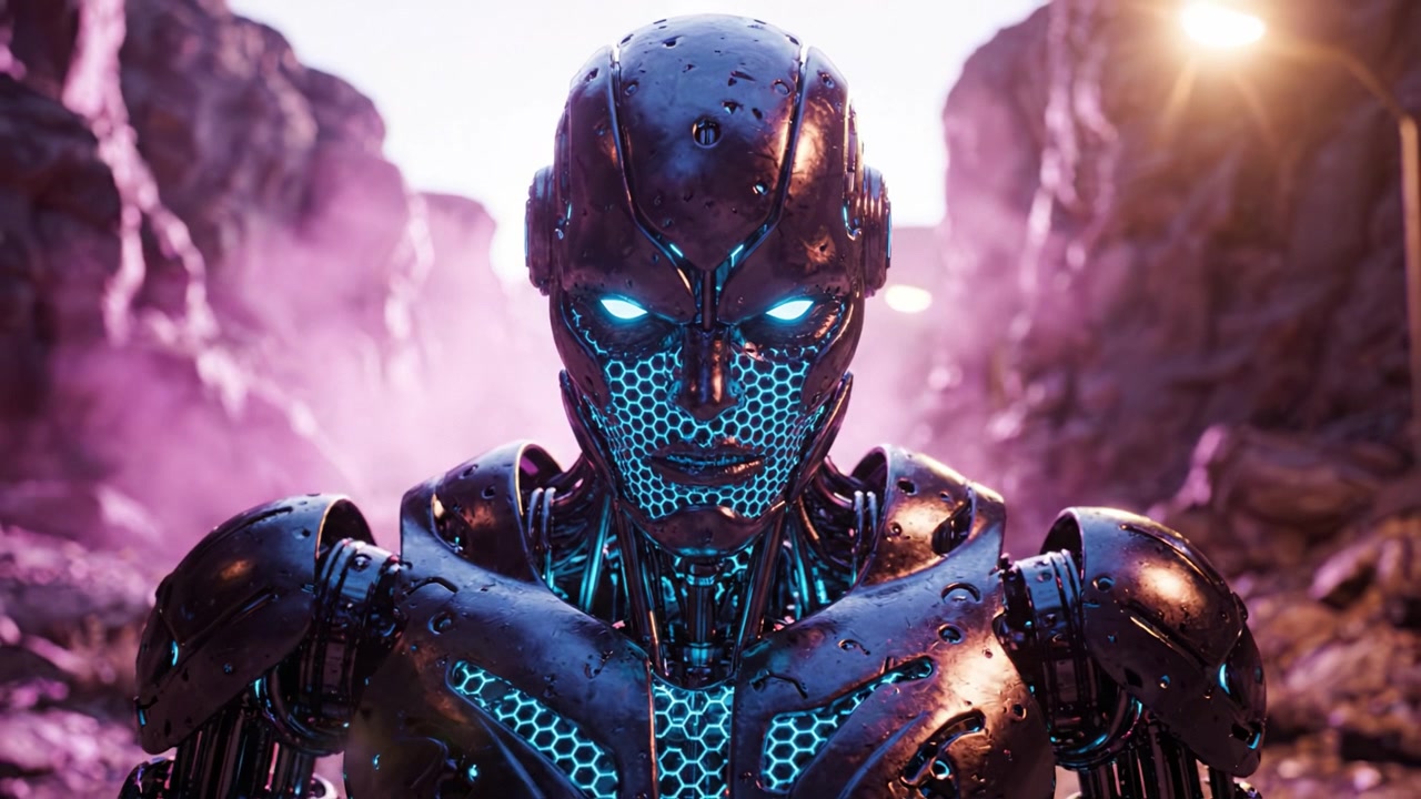 Figura robotica futuristica in piedi con sicurezza in un paesaggio vivido e tecnicolor con occhi luminosi, che ritrae una potente immagine di intelligenza artificiale e design avanzati.