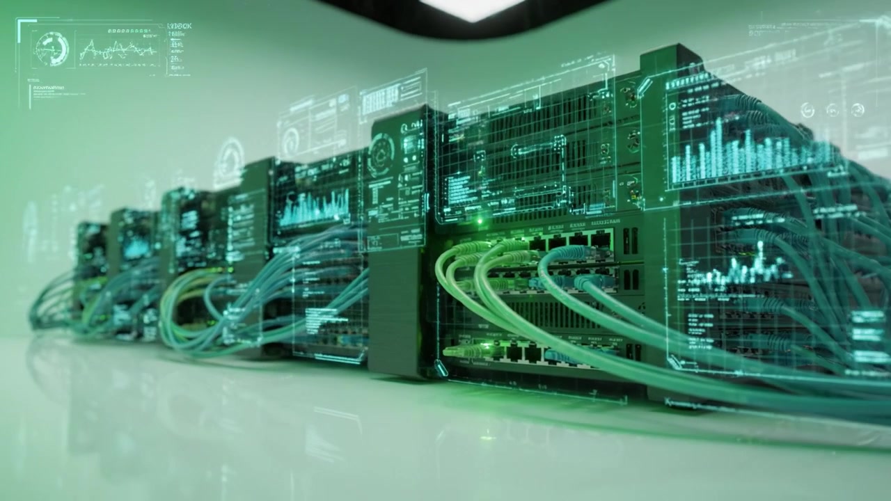Cutting-Edge Data Center Infrastructure with Advanced Network Switches and High-Performance Connections Depicted in Green Ambient Lighting