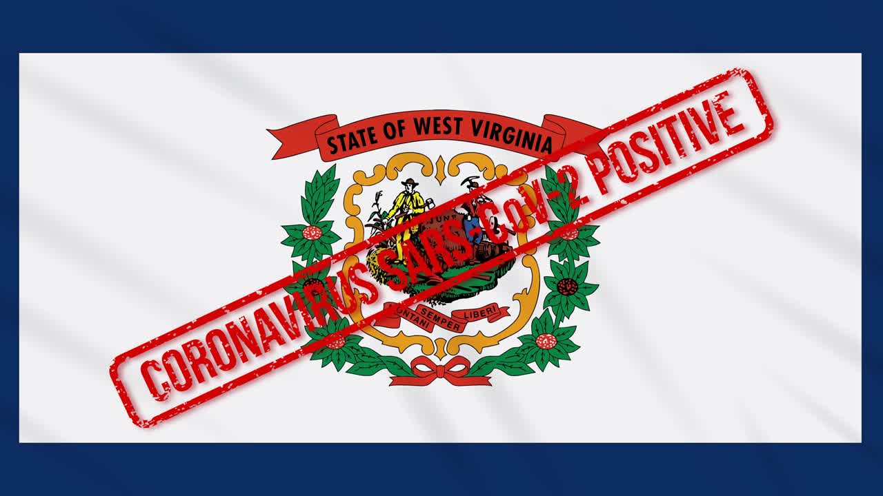 West Virginia US state swaying flag stamped with positive response COVID-19 loop